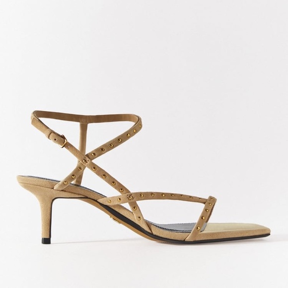 Zara Sandy Brown Studded Heeled Suede Sandals - Picture 1 of 9